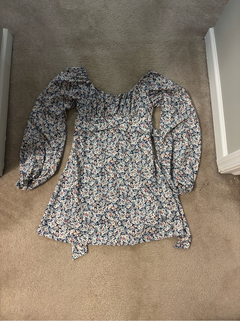 Altar'd State Blue and White Floral Puff-Sleeve Mini Dress